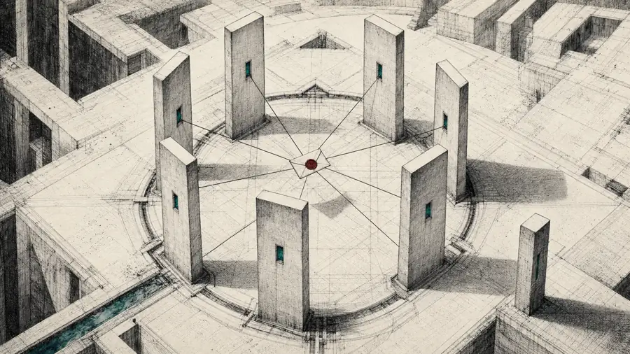 Ink plate: a ring of monoliths bound by threads to a sealed document