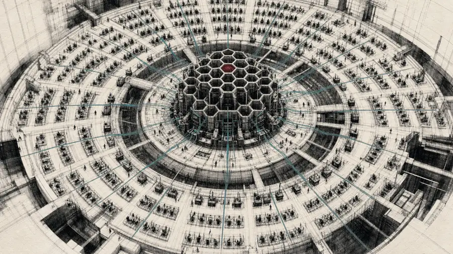 Ink plate: concentric rings of work-cells threaded to a central hive tower