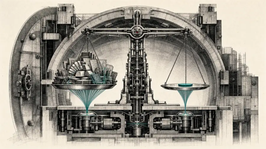 Ink plate: a precision balance in a vault weighing many holdings against one teal disc