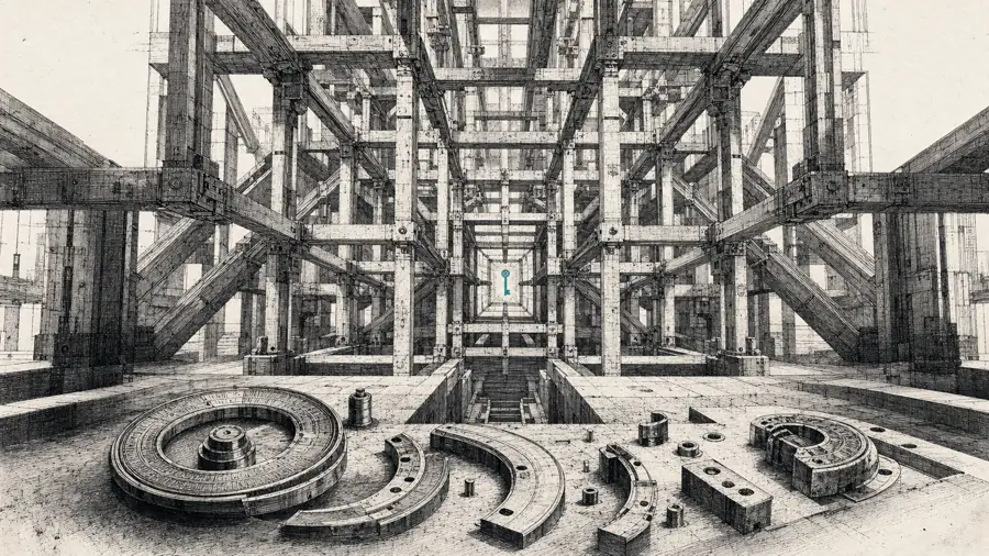 Ink plate: a lattice structure protecting a teal key above a disassembled older lock