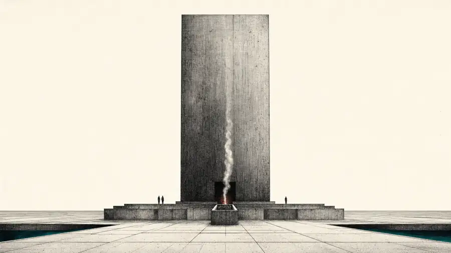 Ink plate: a plain monolith above a furnace where fees burn to ash