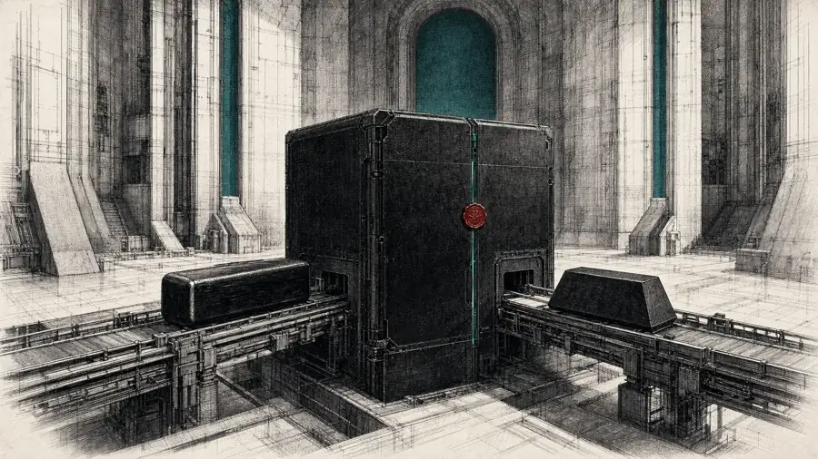 Ink plate: two ingots exchanged on rails through a sealed black chamber