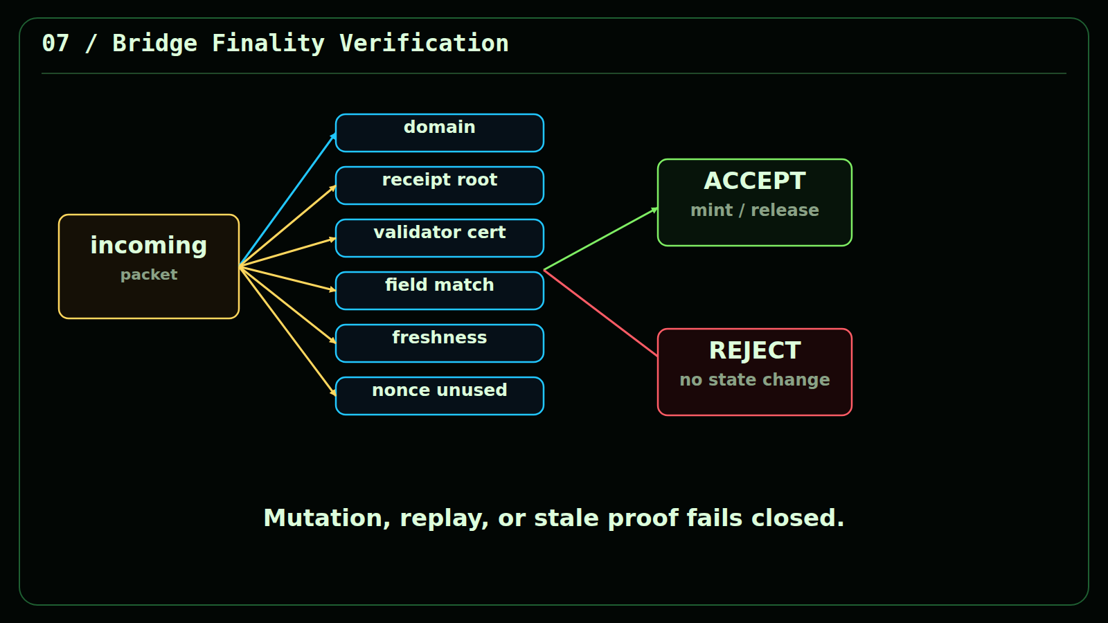 Verifier accepting an exact finalized packet and rejecting altered packets.