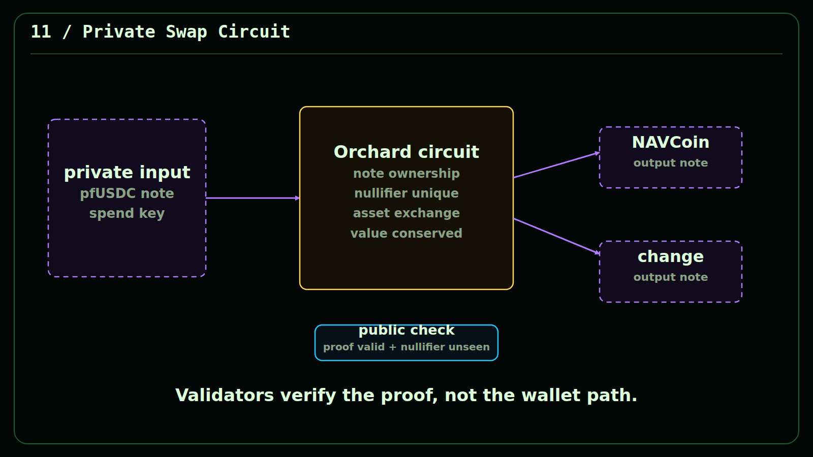 Zero-knowledge circuit consuming a pfUSDC note and emitting a NAVCoin note.