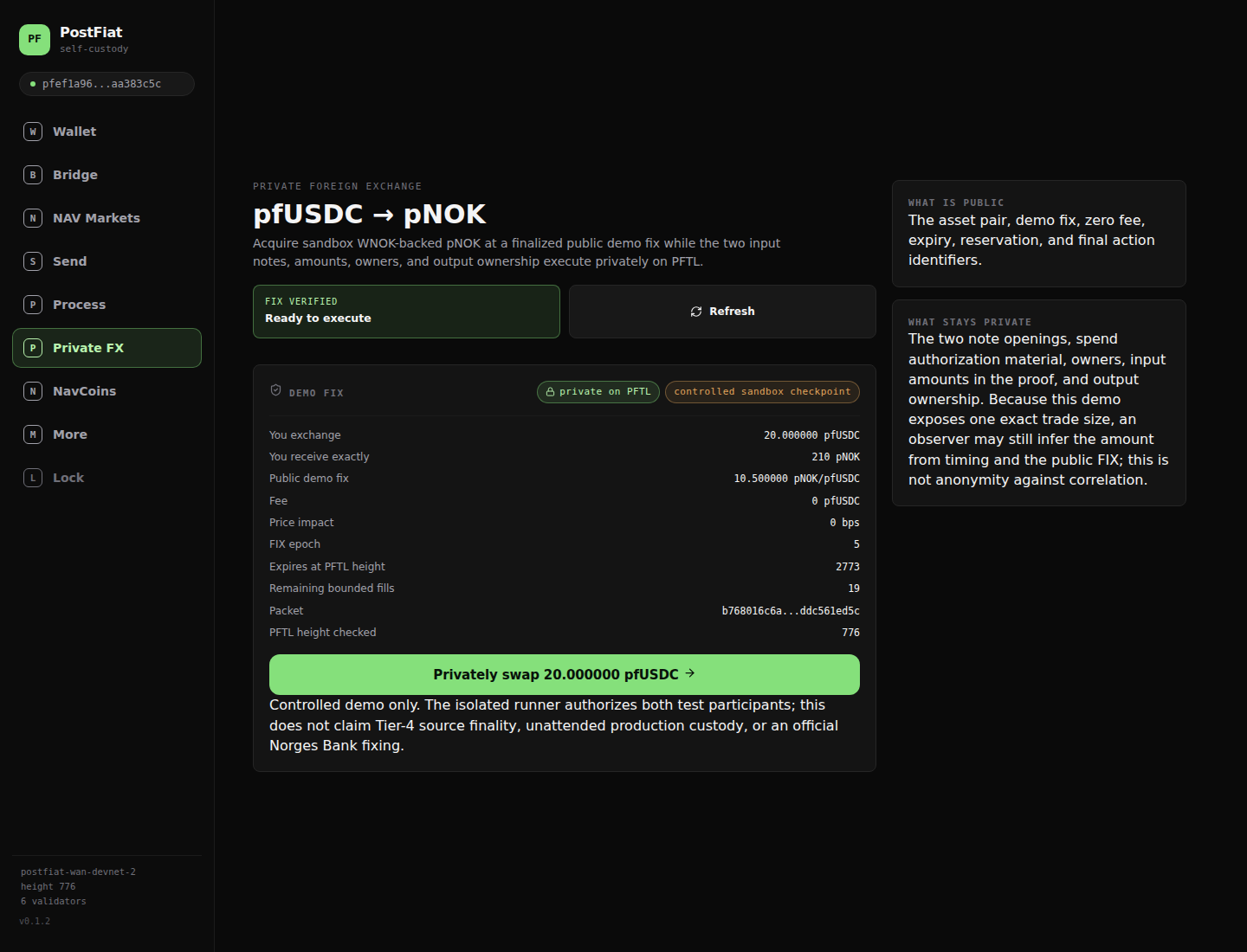 Post Fiat wallet showing a controlled private pfUSDC to pNOK exchange